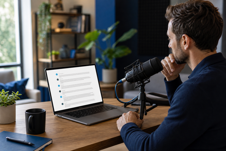 Podcaster with transcript and speaker labels